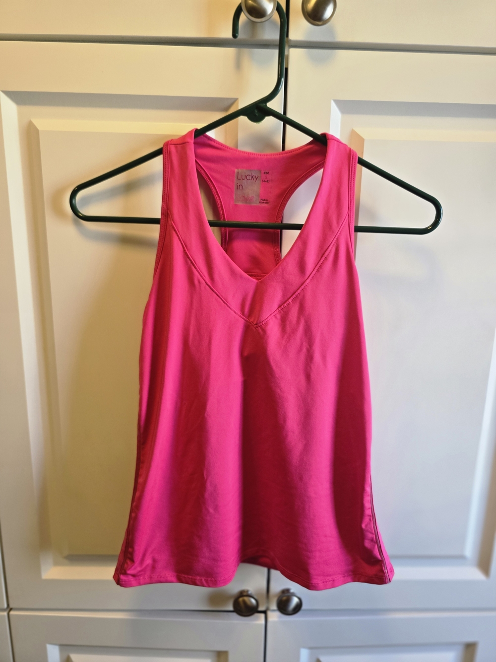 Lucky In Love Neon Pink Athletic Tank Top Small Built in Bra Layered V-Neck